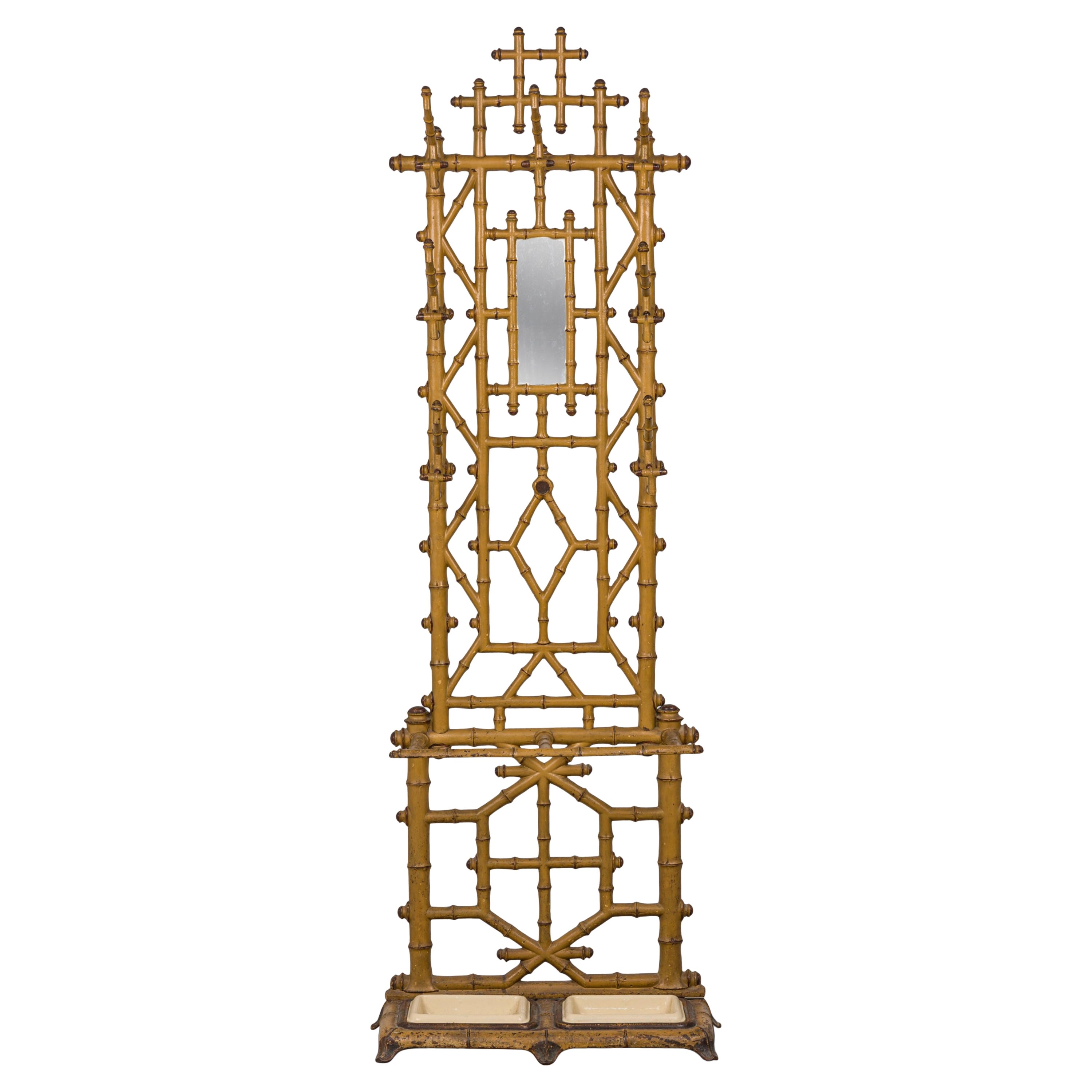 French Victorian Painted Cast Iron Faux Bamboo Standing Hatrack / Umbrella Stand