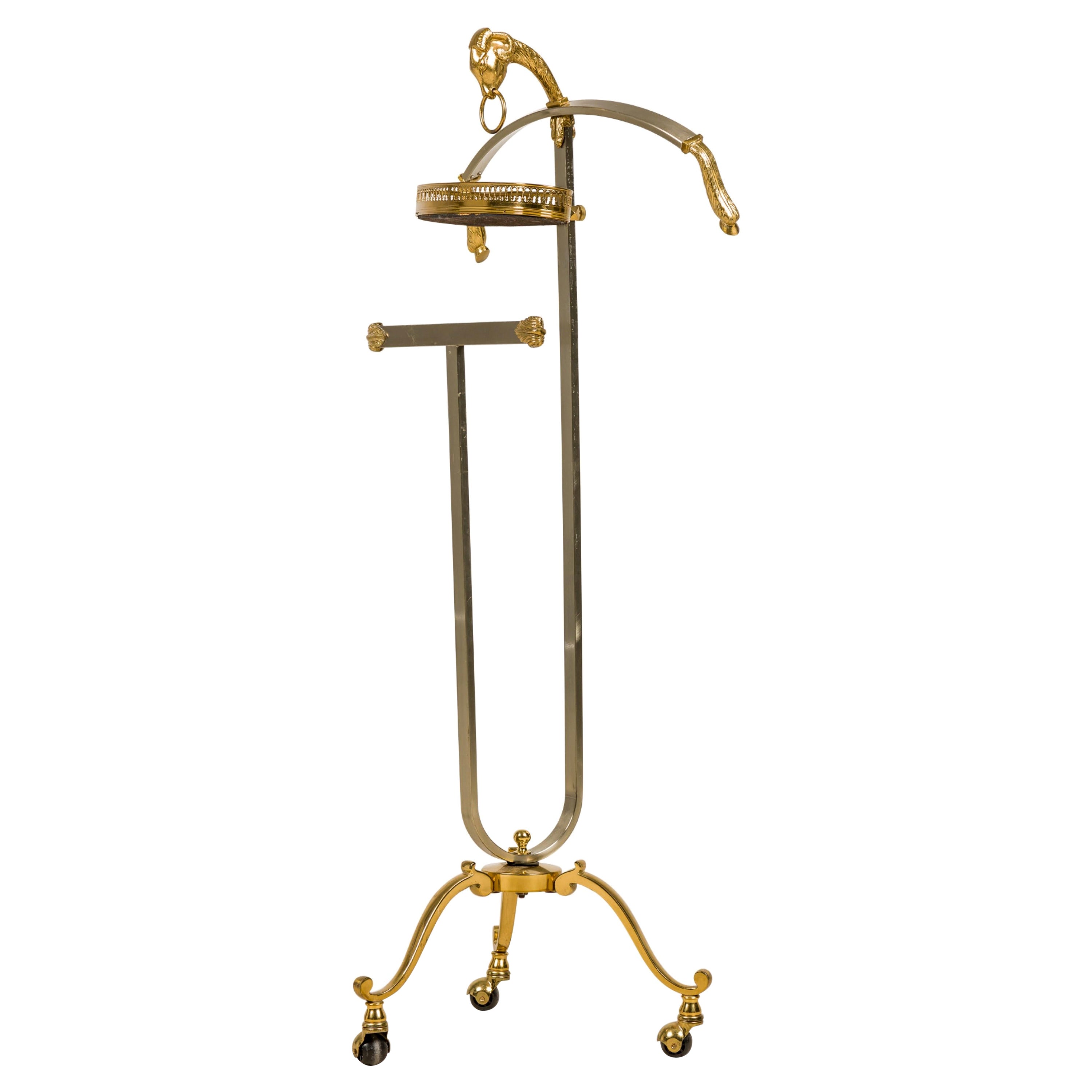 Maison Jansen French Mid-Century Steel and Brass Valet with Ram Head Accents