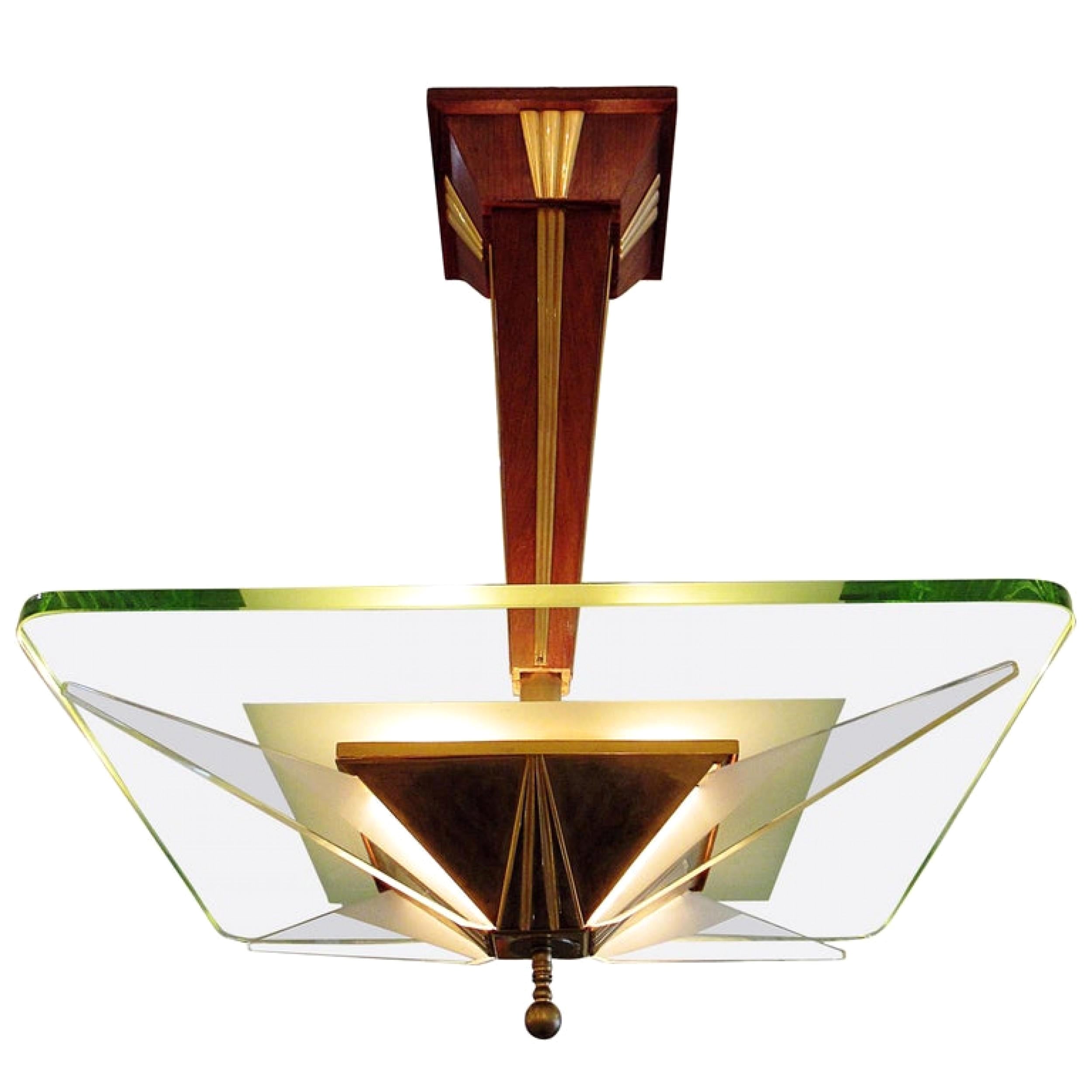 Lampadario moderno in ottone, vetro e noce, Max Ingrand per Saint Gobain