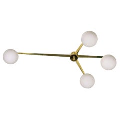 Lampadario moderno italiano a 4 bracci in ottone e vetro, stile Angelo Lelli, anni '70