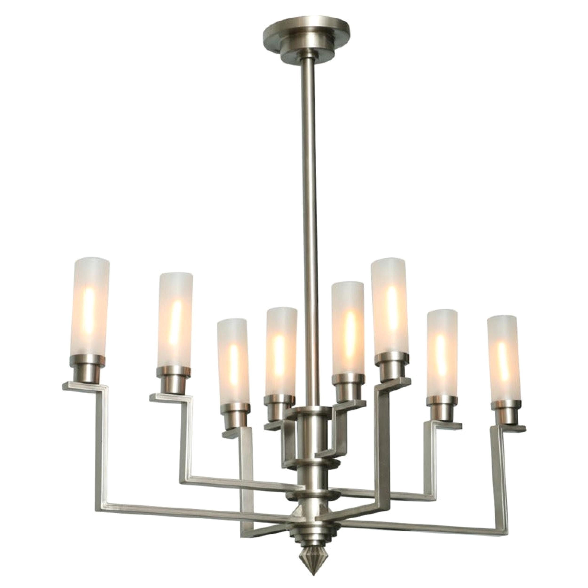 Fine French Art Deco Hand-Cut Steel and Glass Eight-Arm Chandelier, Jean Perzel For Sale