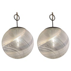 Pair Italian Modern White and Clear Handblown Glass Globe Chandelier, Vistosi