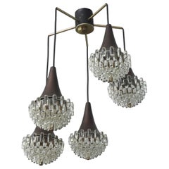 Lampadario moderno italiano a cinque luci in bronzo e vetro Maniera di Max Ingrand