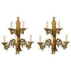 Pair of French Gothic Style Gilt Bronze Sconces
