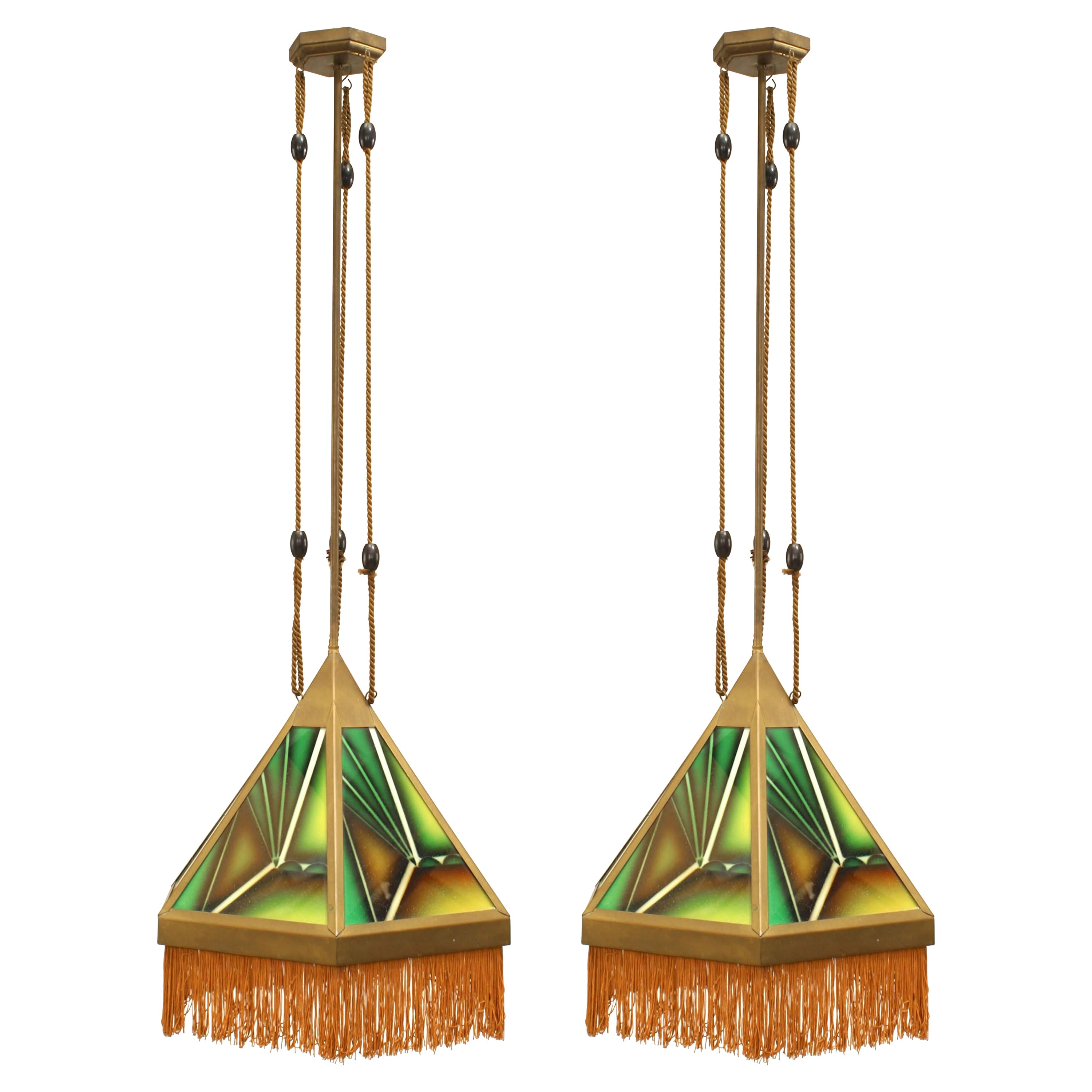 Pair of Art Deco Green Glass Fringed Lanterns