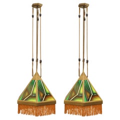 Pair of Art Deco Green Glass Fringed Lanterns