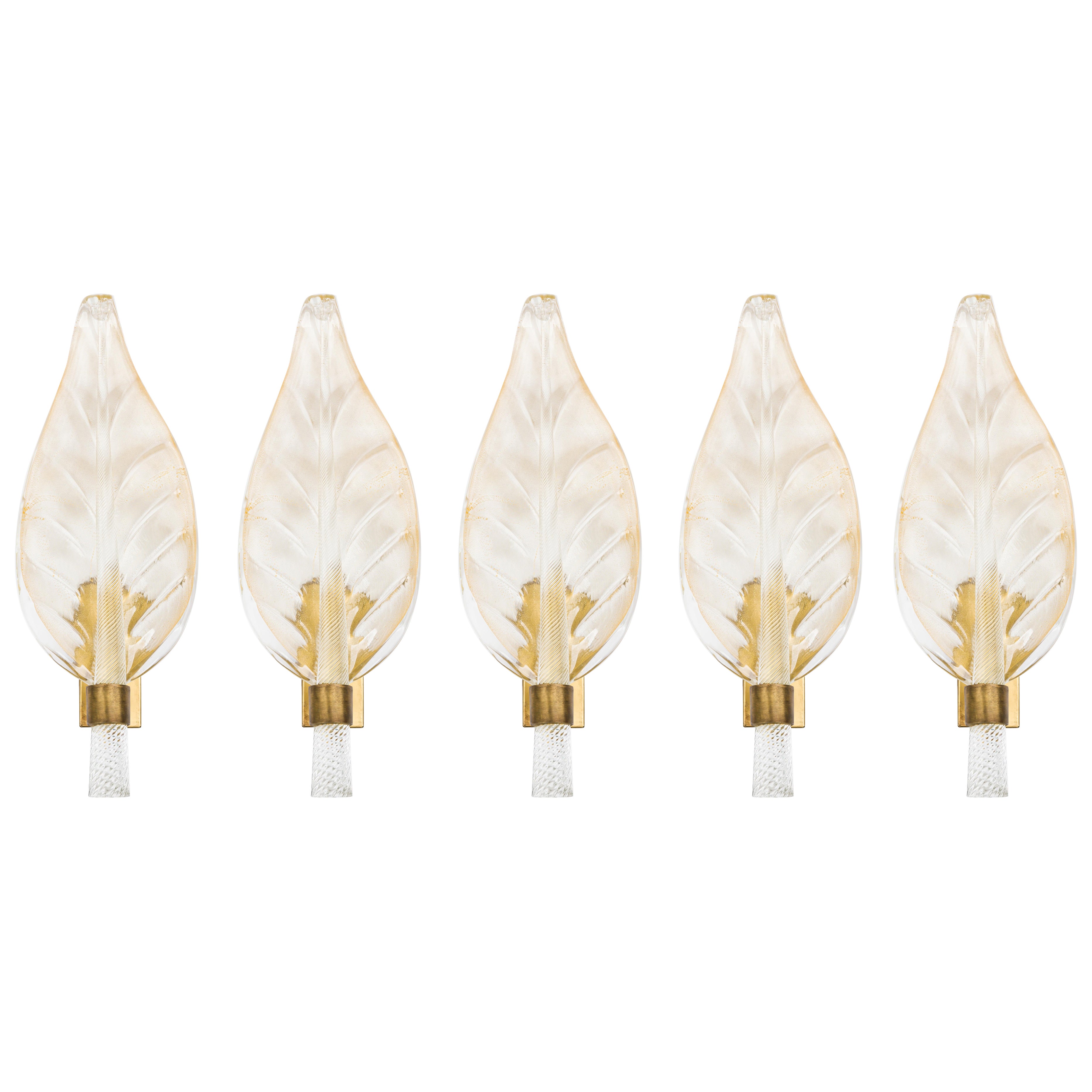 Satz von 5 italienischen Mid-Century Murano Glas Blatt Wandleuchter