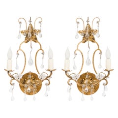 Pair of Mid-Century 2-scroll arm gilt metal sconces with crystal drops