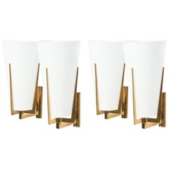 Pair Stilnovo Brass and Frosted Glass Wall Lights/Sconce, Italy