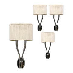 Set von 8 vernickelten zweiflammigen Wandleuchtern, in der Art von Ruhlman