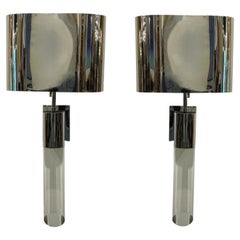 Bella coppia di applique moderne americane in acciaio lucido e lucite, Karl Springer