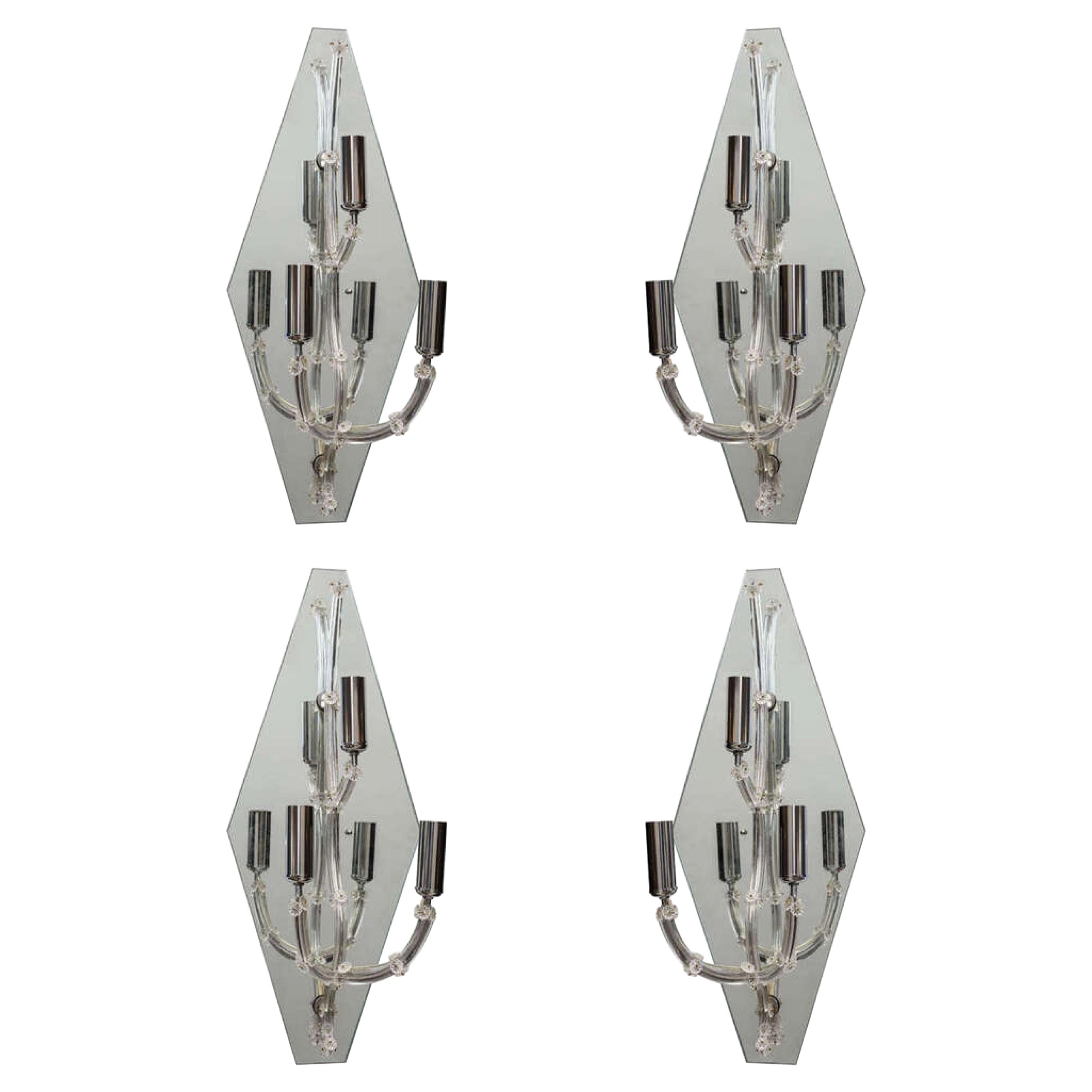 Set of Four Large Murano Glass and Mirror Wall Lights, Sconces Italy, 1950s