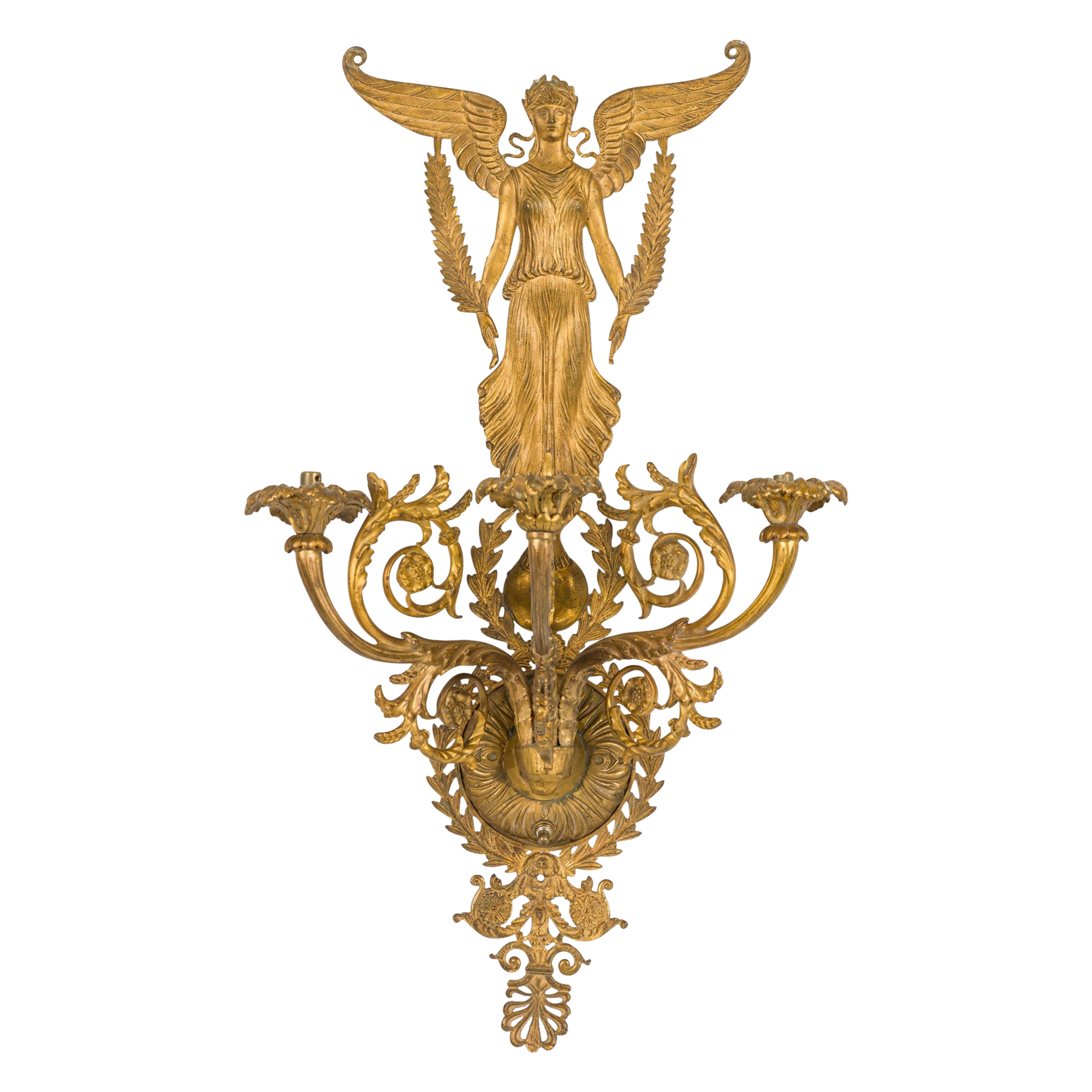 French Empire 3-Arm Gilt Bronze Wall Sconce With A Winged Figure For Sale