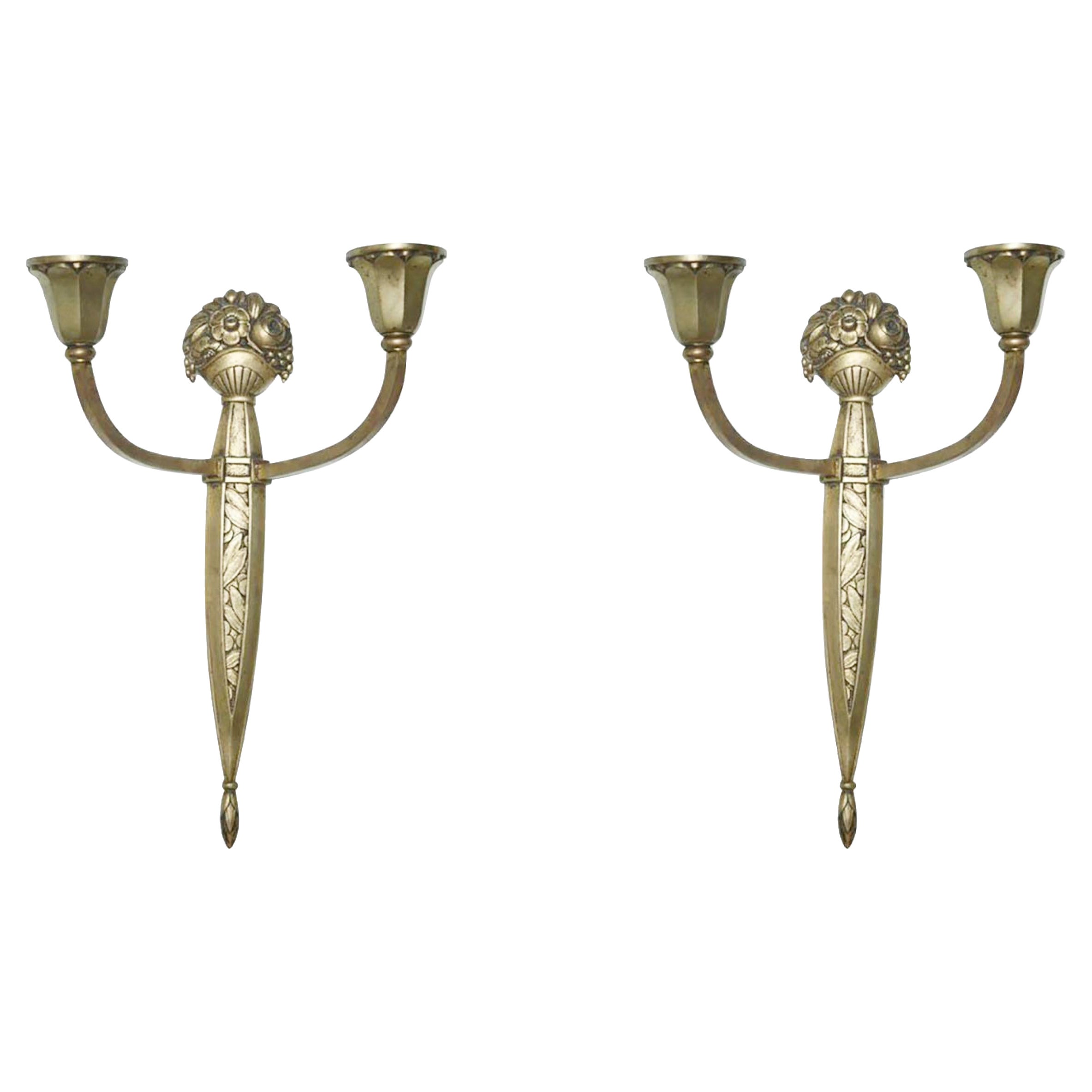 Pair of French Gilt Bronze Two-Light Wall Sconces by Sue Et Mar For Sale