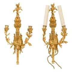 Antique Pair of French Louis XVI style Bronze Wall Sconce with Flags