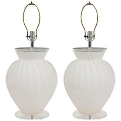 Pair of Mid-Century American White Frosted and Striped Footed Glass Table Lamps