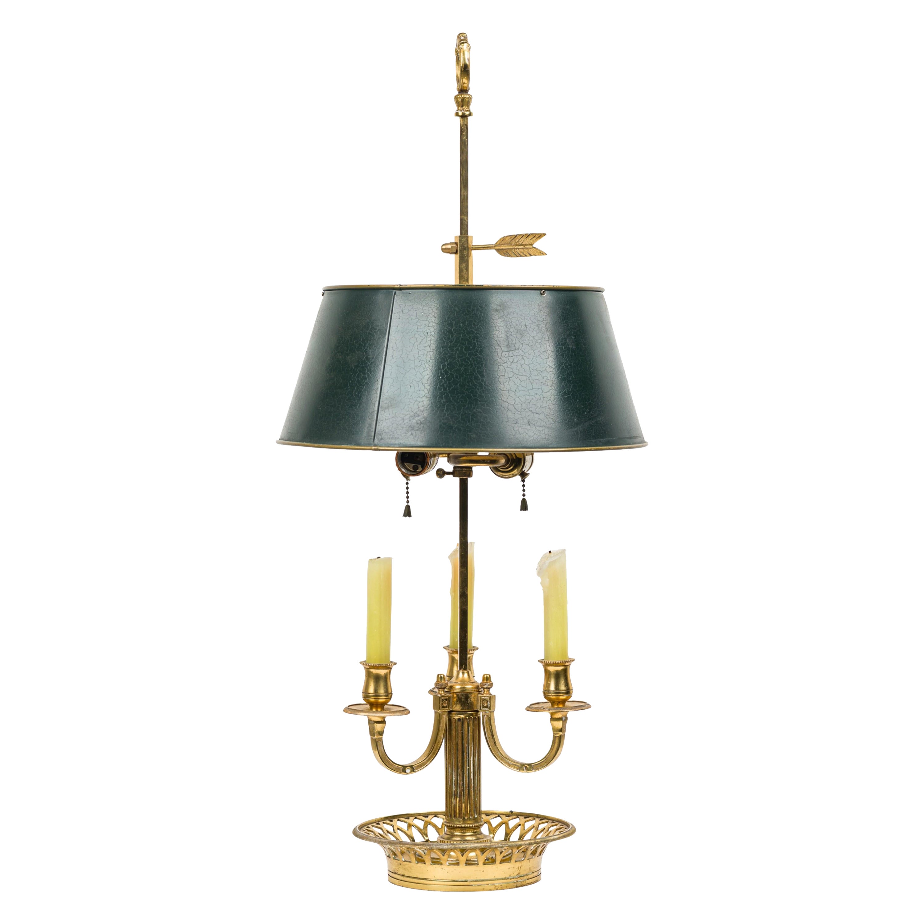 French Victorian Style Brass Bouilotte Table Lamp with Dark Green Metal Shade