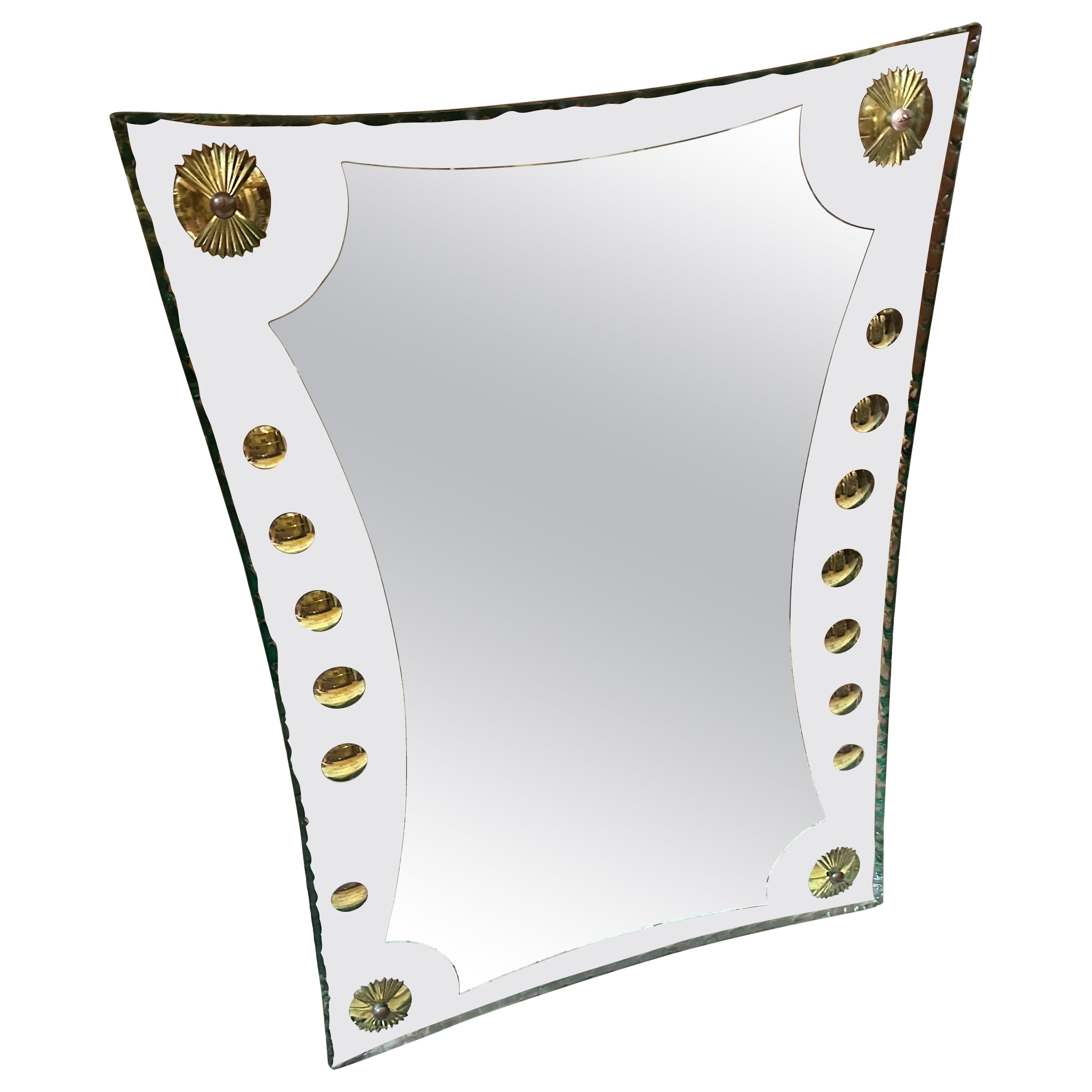 1950s Mid-Century Modern Verde Nilo Glass and Brass Wall Mirror by Cristal Arte