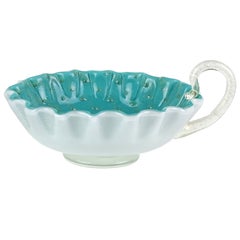 Murano Teal Gold Flecks Bubbles Italian Art Glass Crimped Rim Dish with Handle