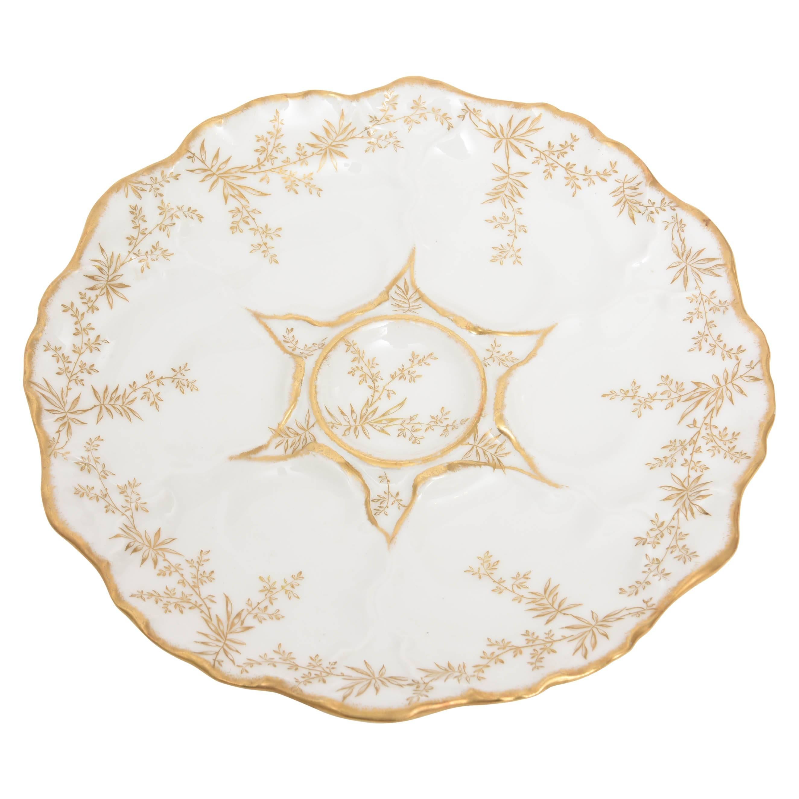 Oyster Plate by Limoges France, Scalloped Shape and Hand-Painted Gold