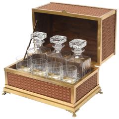 Vintage Italian Bar Set, Tantalus with Rafia and Brass Surround. Beautiful Wood