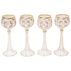Set of Four Elegant Moser Blown Cut and Hand-Painted Wine Goblets