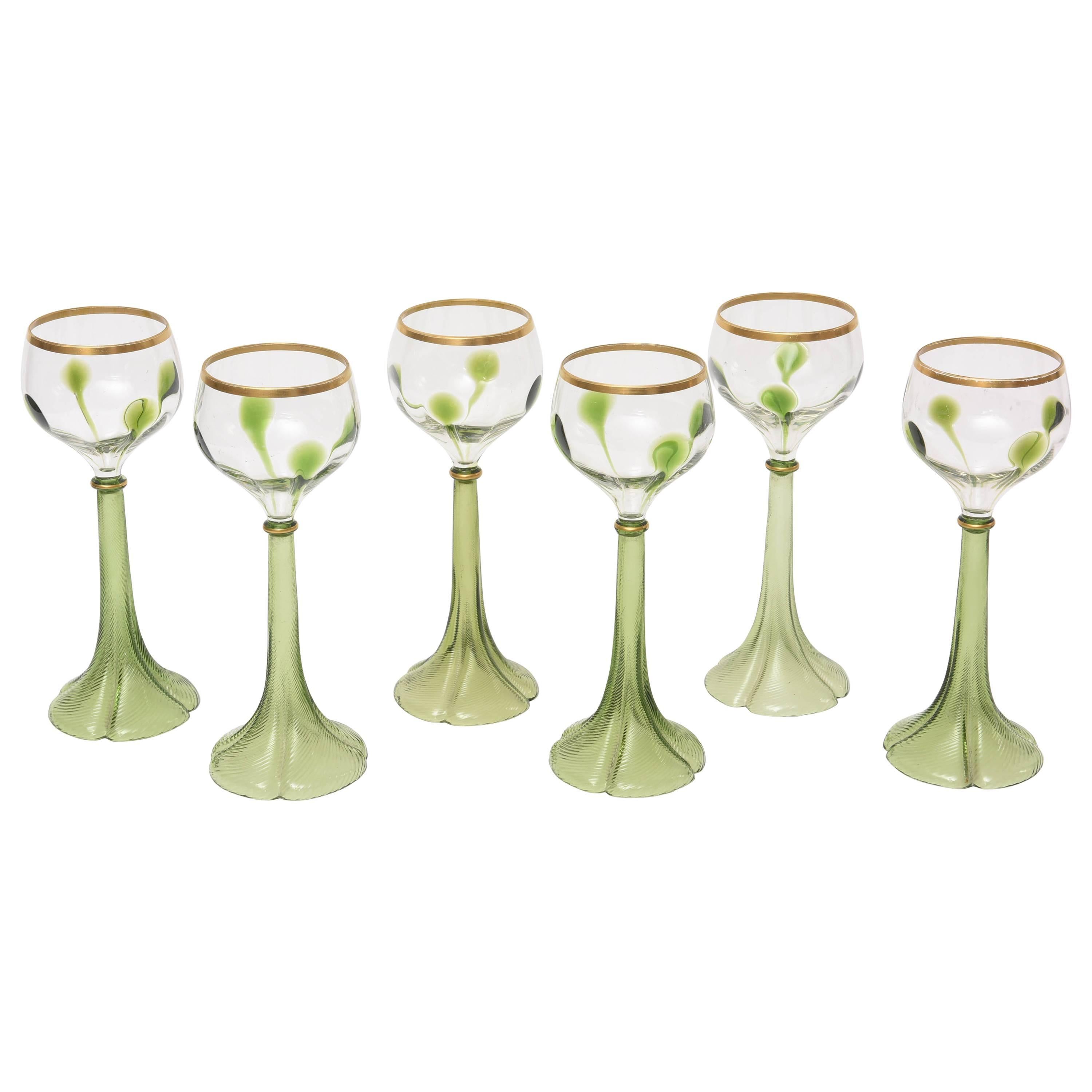 Set of Six Art Nouveau Moser Trumpet Base Green Gold White Wine Glasses