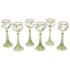 Set of Six Art Nouveau Moser Trumpet Base Green Gold White Wine Glasses