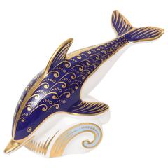 Royal Crown Derby Dolphin Cobalt Blue and Gold Hand-Painted Paperweight