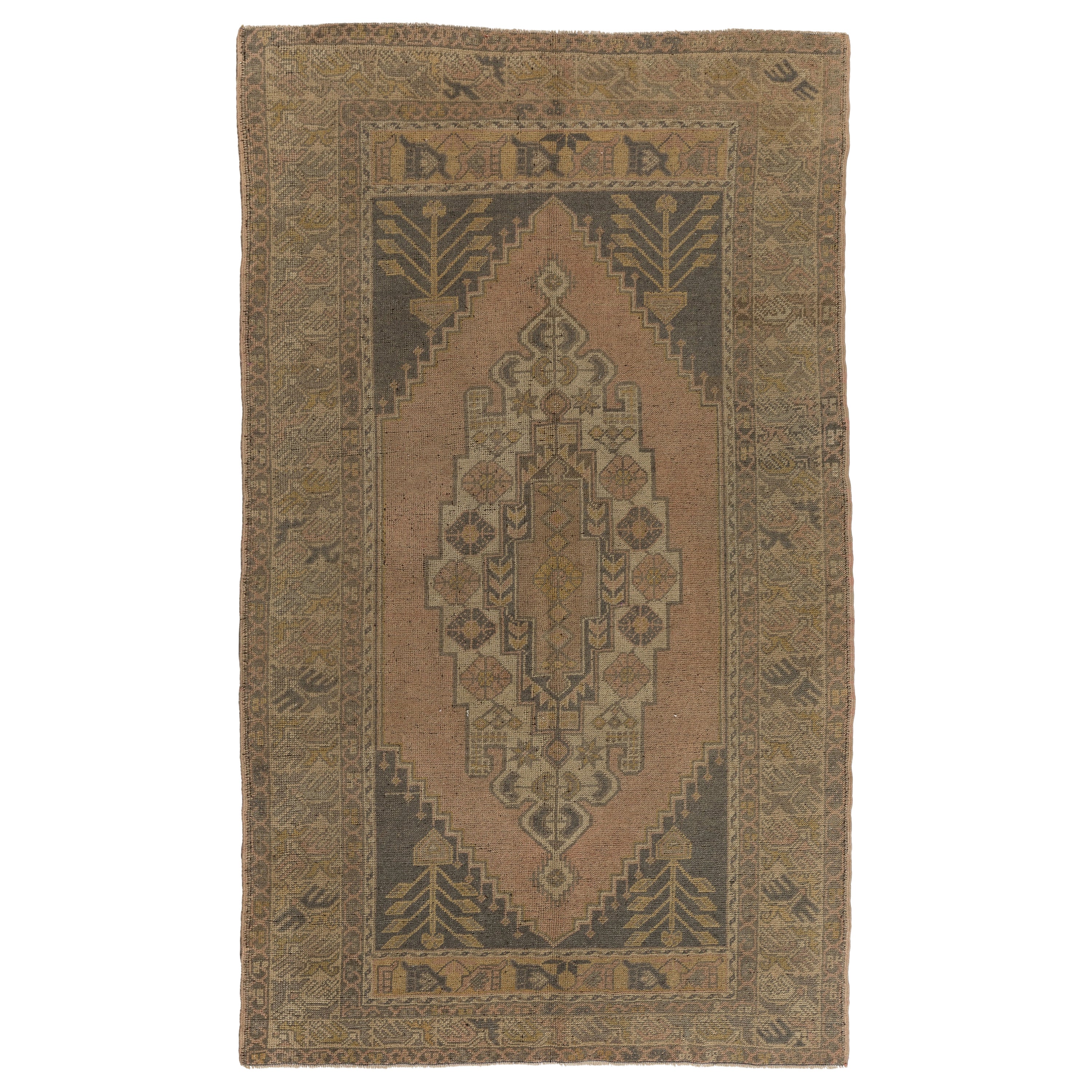 4.2x7 Ft Vintage Oriental Accent Rug. Handmade Wool Carpet with Tribal Style