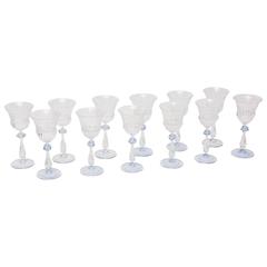 12 Venetian Blown Glass Goblets, Blue with Beautiful Engraving and Details