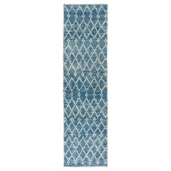 3.8x13.8 ft Modern Moroccan Runner Rug in Light Blue. Handmade Corridor Carpet