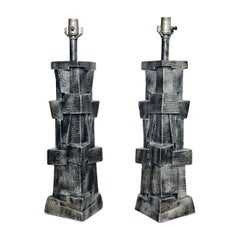 Pair of American Modern Glazed Ceramic Brutalist Table Lamps