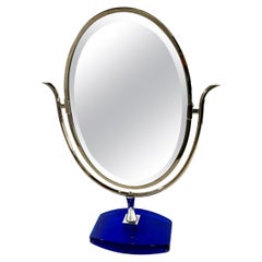 American Modern Polished Nickel & Blue Lucite Vanity Mirror, Charles Hollis