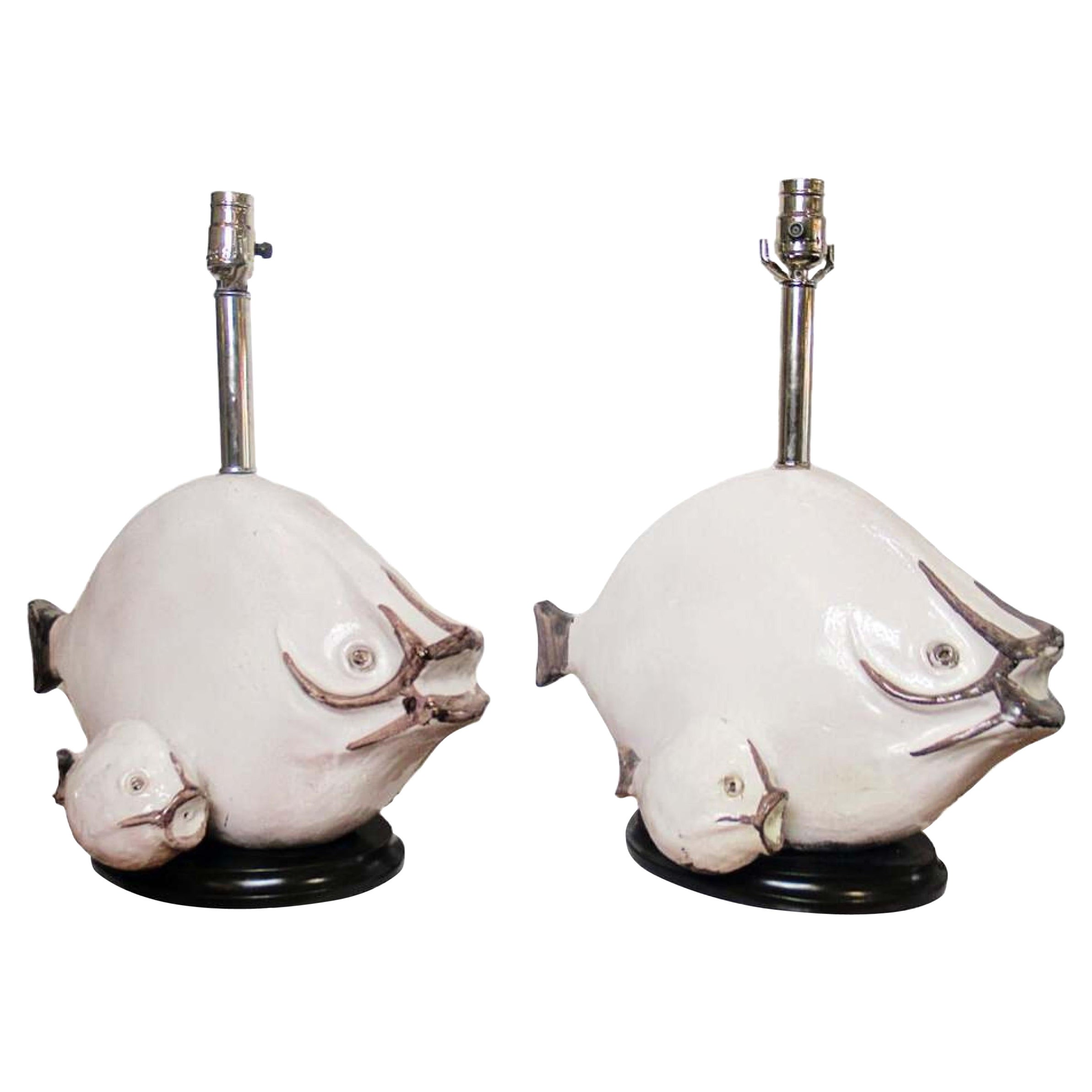 Italian Modern Glazed Ceramic Fish Table Lamps, Ivo De Santis, 1960s