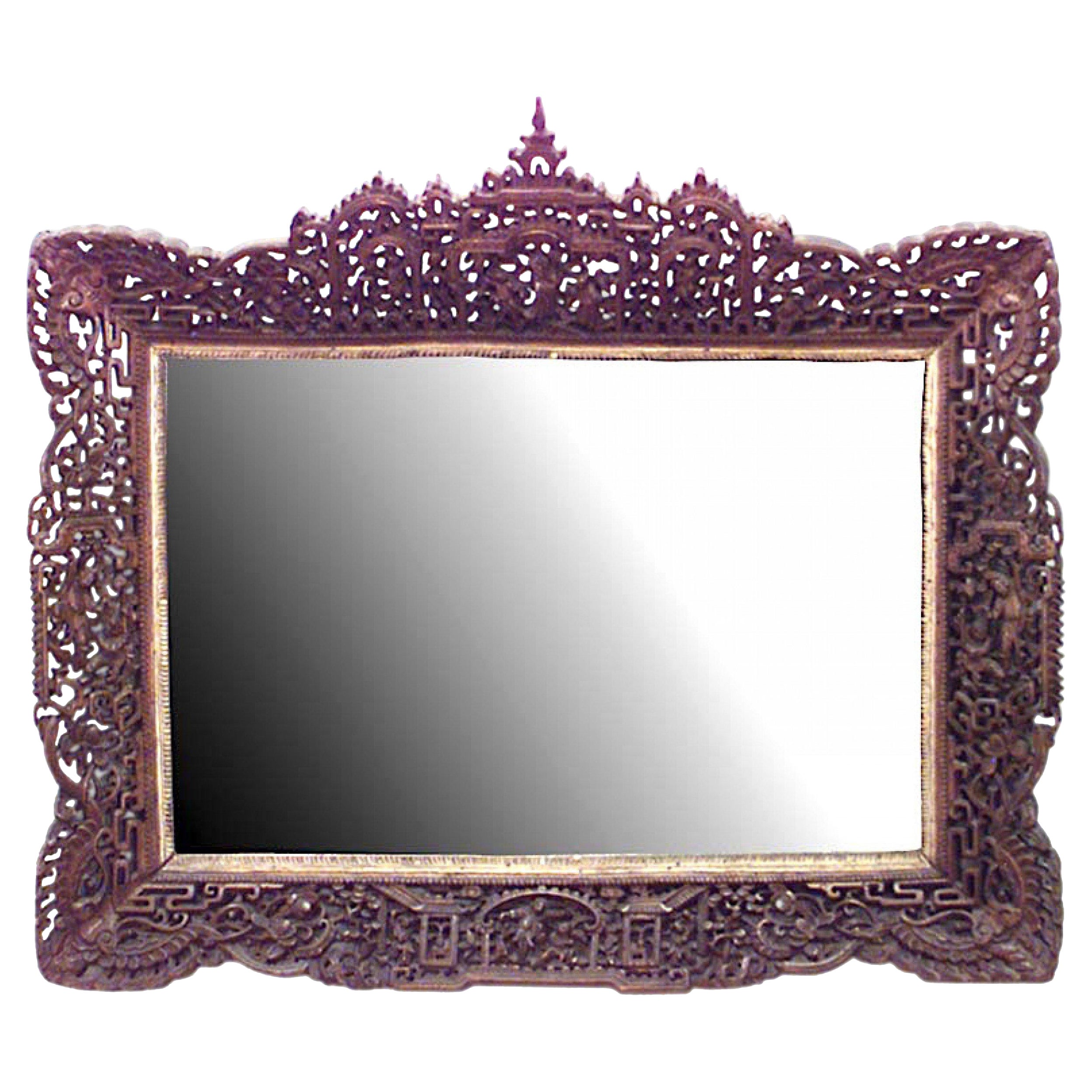 Asian Burmese Style Carved Filigree Teak Wall Mirror
