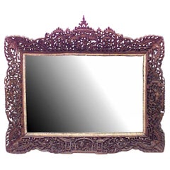 Asian Burmese Style Carved Filigree Teak Wall Mirror