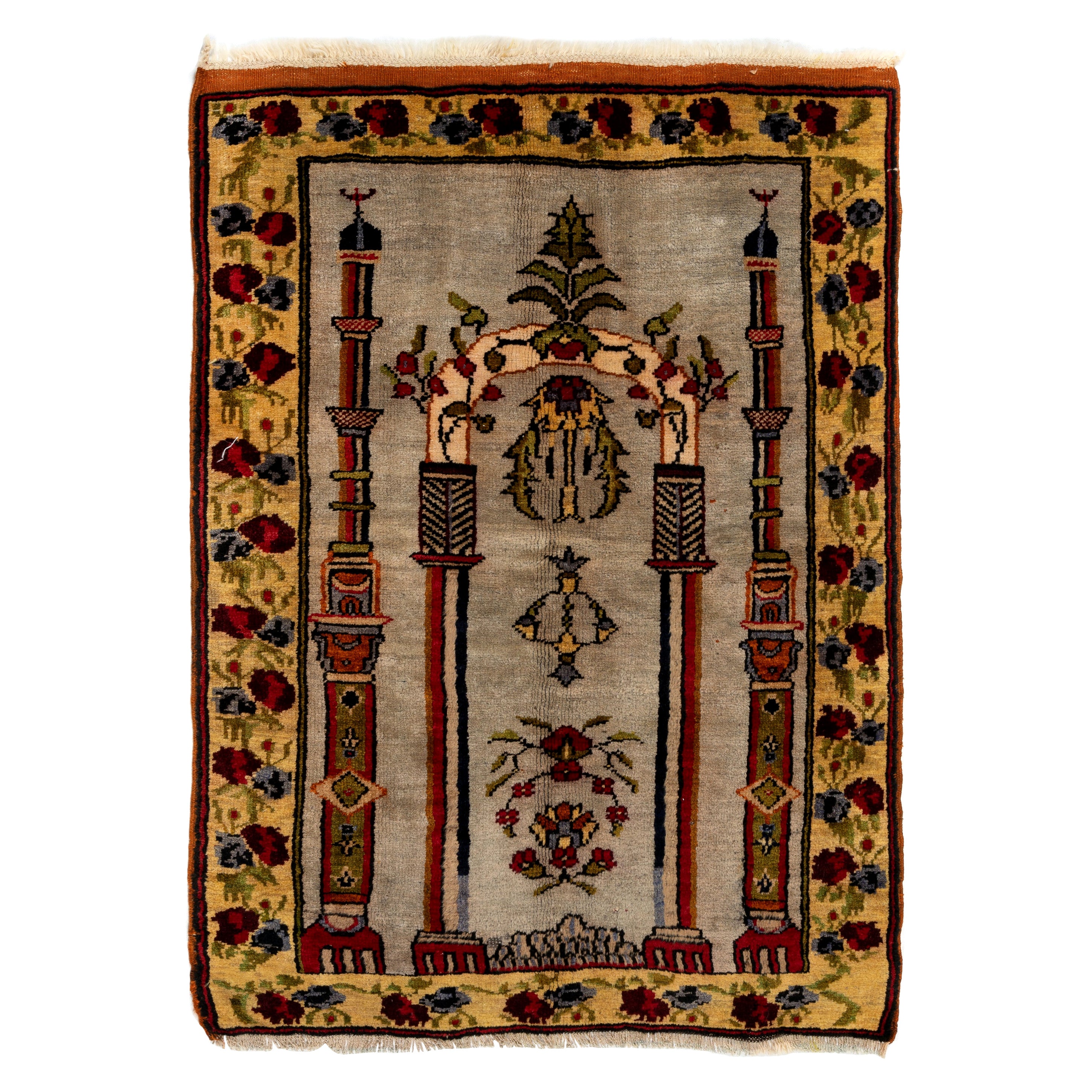 3x4.3 Ft Vintage Turkish Wool Prayer Rug depicting an Archway, Columns & Flowers For Sale