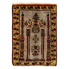 Tappeto da preghiera in lana turca vintage 3x4.3 Ft raffigurante un arco, colonne e fiori