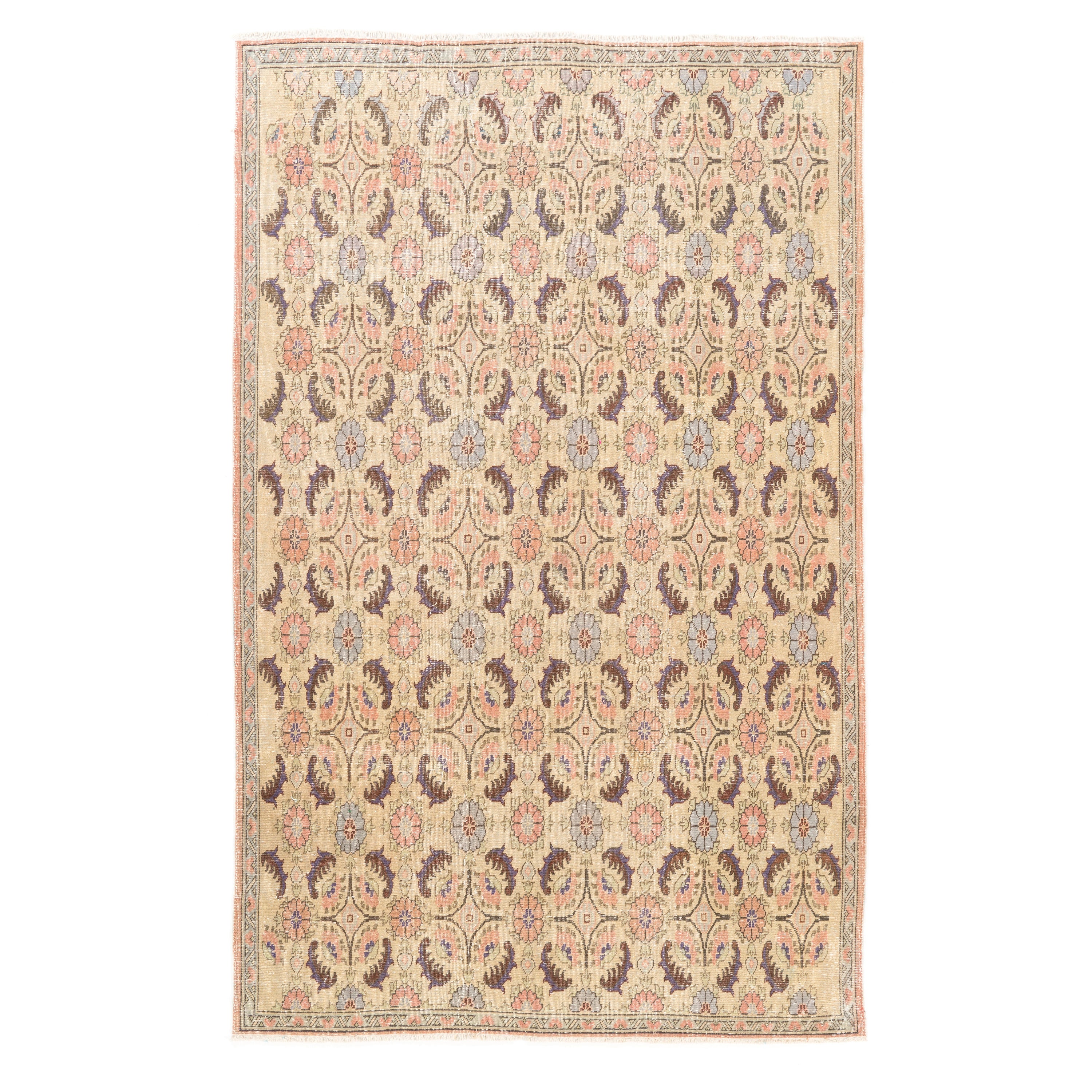 6.4x10 Ft Vintage Floral Art Deco Wool Area Rug, Handmade Turkish Carpet