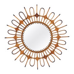 French Rattan Sunburst Mirror with Rhombus Details, 1960s