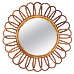 Midcentury Spanish Flower Shaped Mirror in Rattan, 1960s