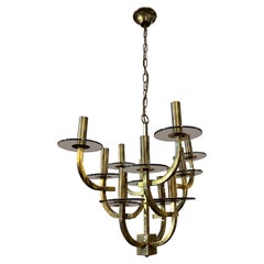1960s Gaetano Sciolari Mid-Century Modern Brass and Smoked Glass Chandelier