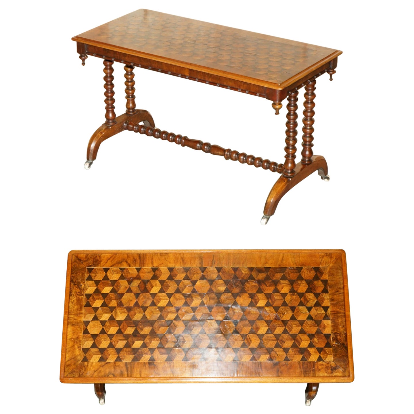 TABLE À CAFÉ VICTORIENNE ANTiQUE EN NOYER ET EN BOIS DUR PARQUETRY INLAID FUTUREMENT RESTAURÉE