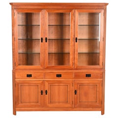 Stickley Shaker Arts and Crafts Cherry Wood Lighted Breakfront Bookcase Cabinet