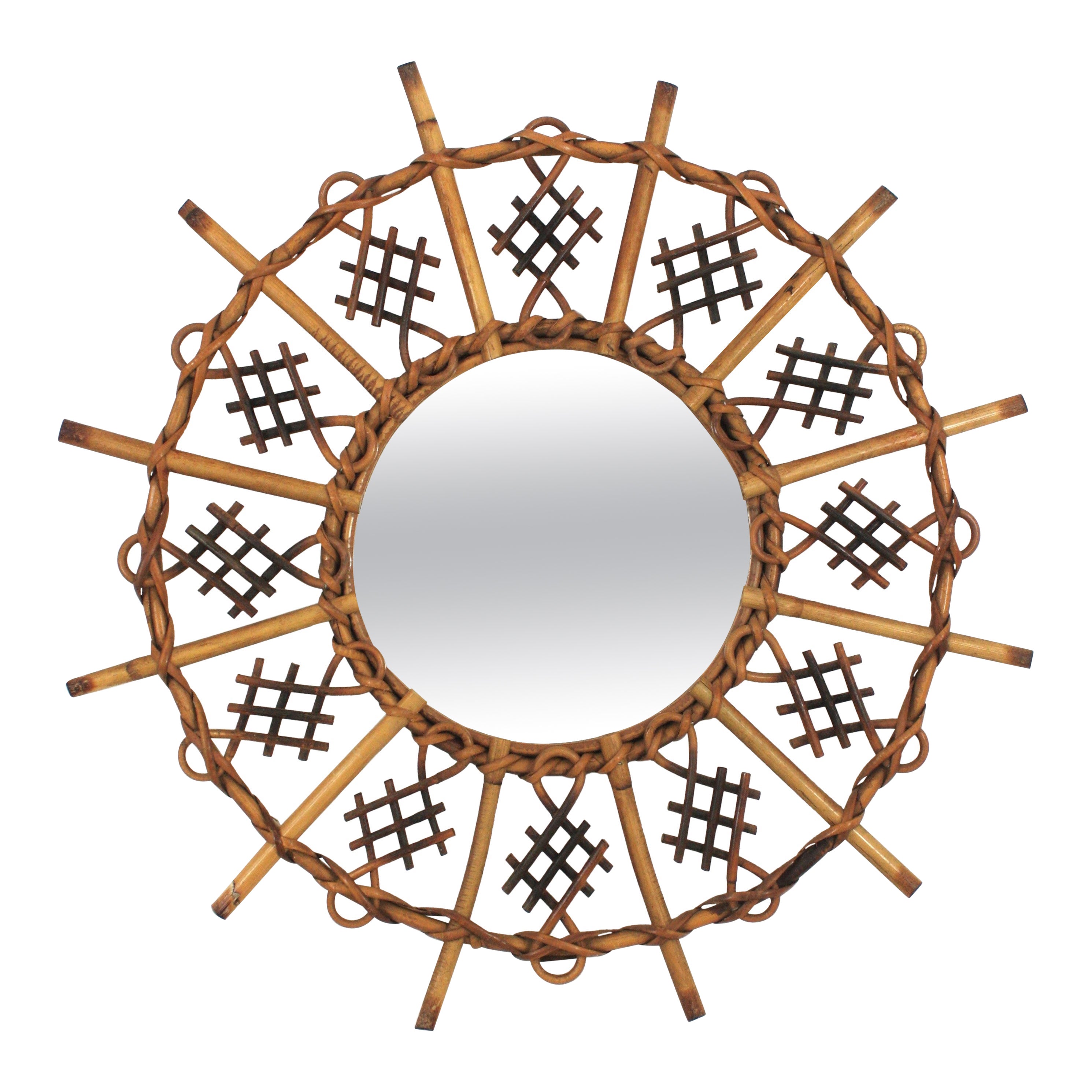 Chinoiserie Inspired Sunburst Mirror in Rattan For Sale