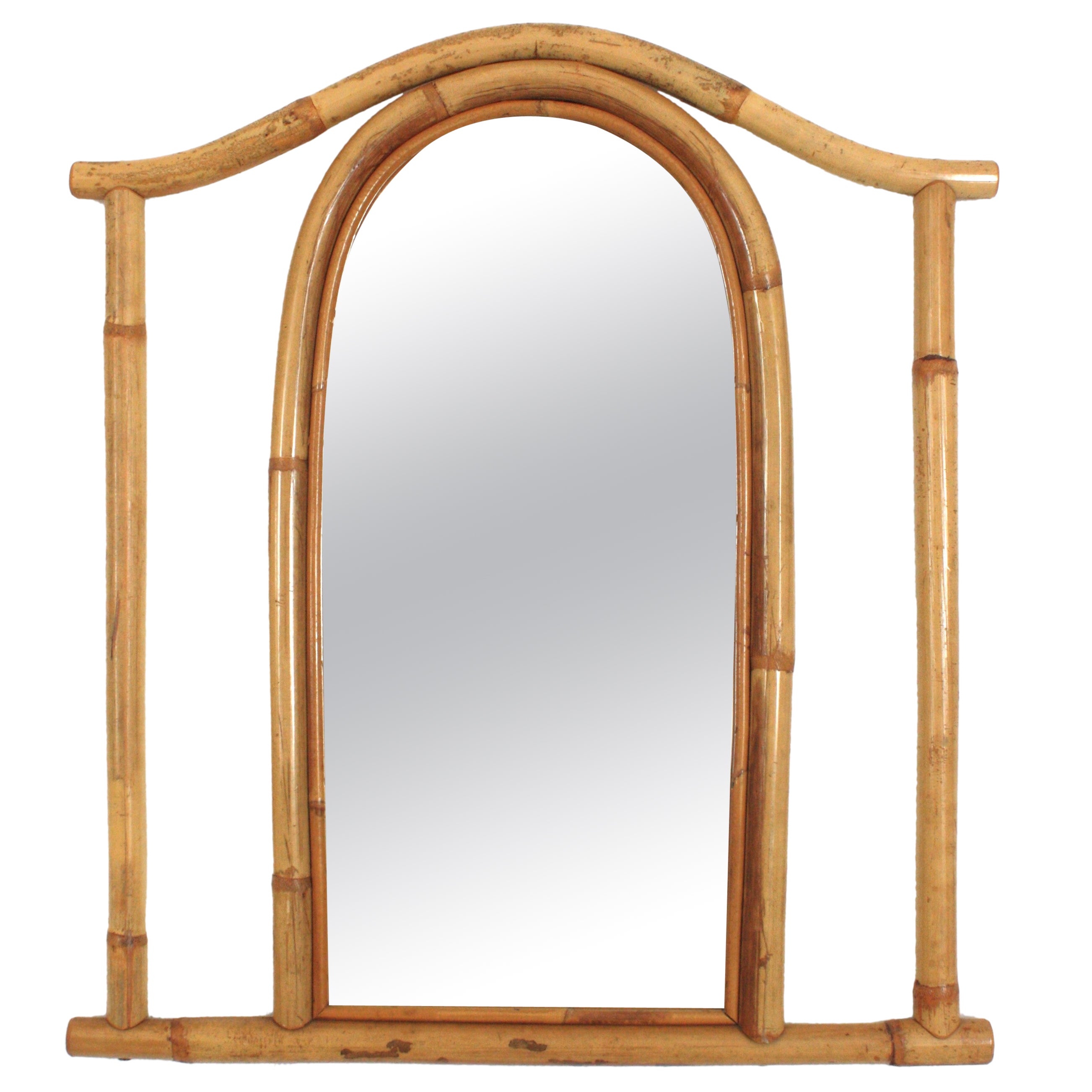 Spanish Rattan Arch Top Mirror with Geometric Frame, Pagoda Design, 1960s