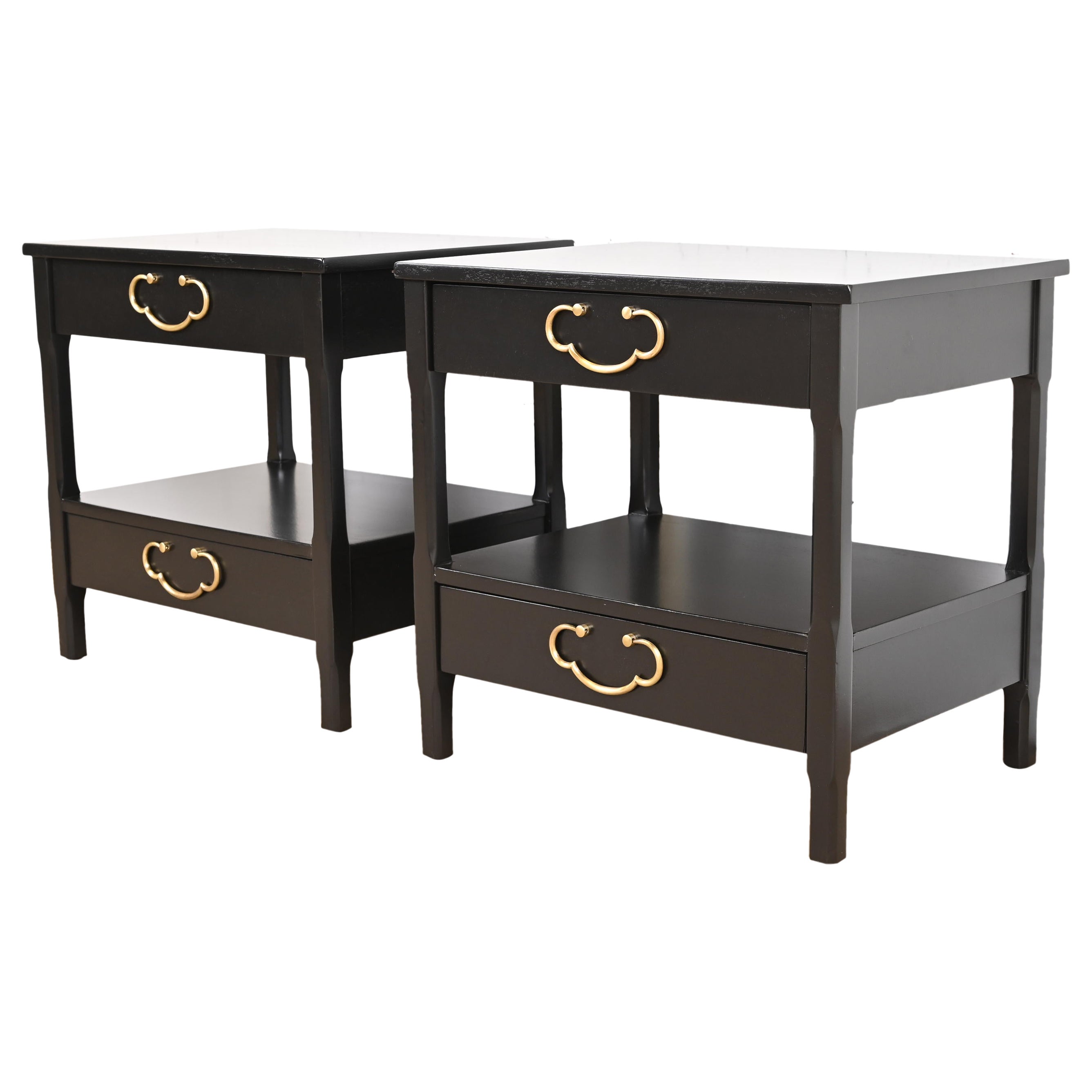 American of Martinsville Mid-Century Black Lacquered Nightstands, Refinished