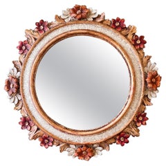 French Wall Mirror in Polychrome Wood with Flowers in relief, 1960s