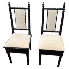 Antique Ebonized Childrens Bobbin Chairs With Upholstered Seat and Back - A Pair